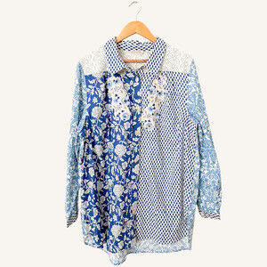 Soft Surroundings Eyelet Patchwork Tunic Size 2X Boho Artsy Blue Floral Lace